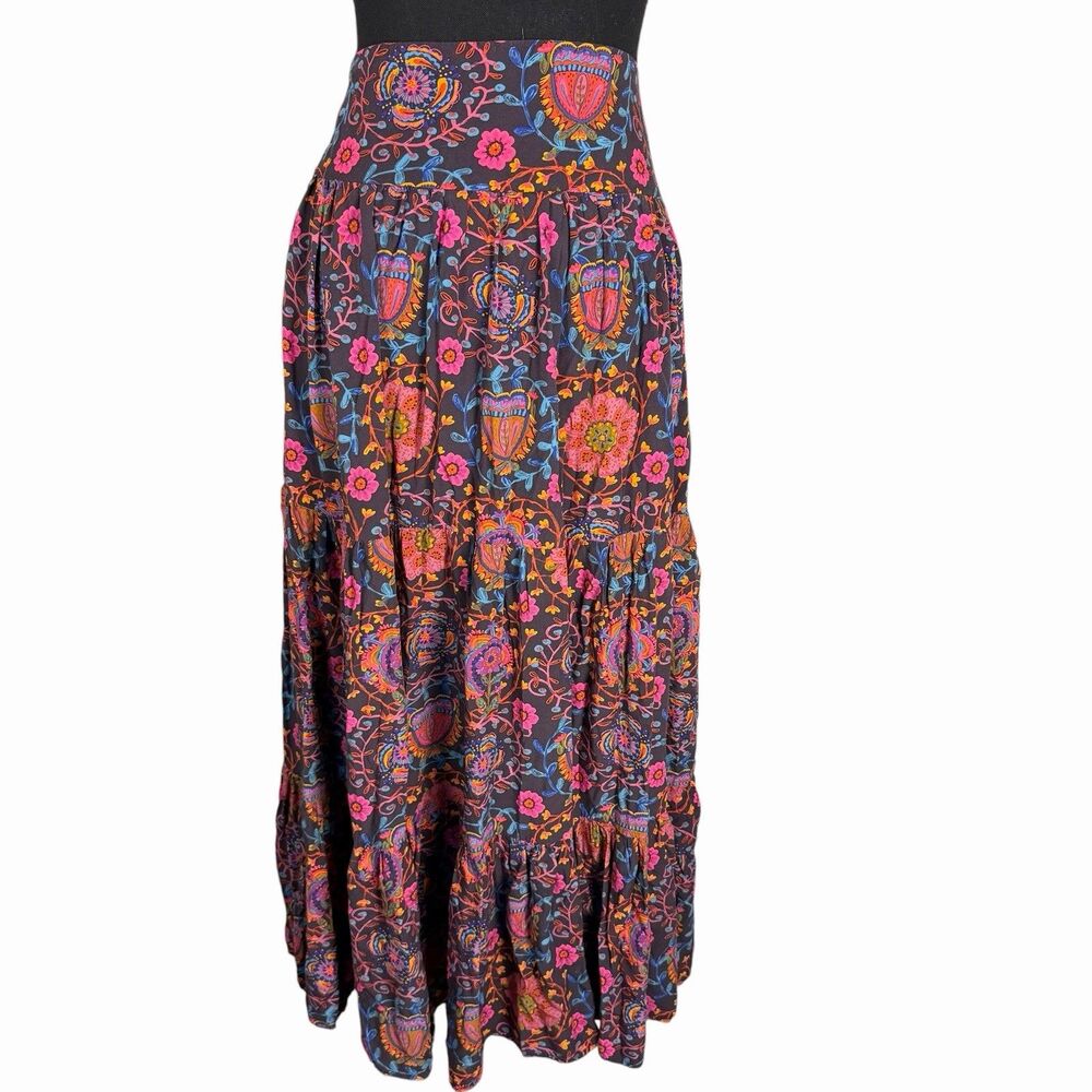 Natural Life Gypsy Tiered Maxi Skirt XL Folk Dark Floral Boho Festival Smocked - Picture 2 of 6